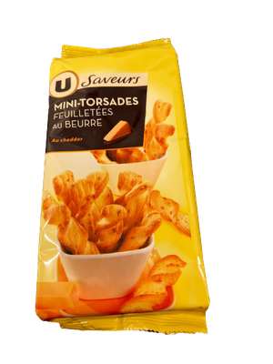 Mini-Torsades feuilletées au beurre et cheddar, U Saveurs (100 g)
