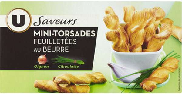 Mini-torsades feuilletées au beurre, oignon et ciboulette, U Saveurs (100 g)
