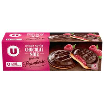 Génoises nappées chocolat noir et fourrées à la framboise, U (150 g)