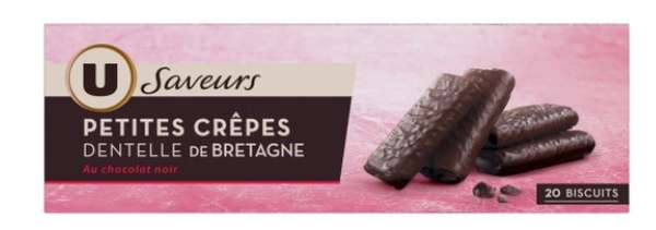 Petites crêpes dentelles de Bretagne enrobées de chocolat noir, U Saveurs (100 g)