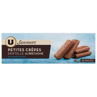 Petites crêpes dentelle de Bretagne enrobées chocolat lait, U Saveurs (100 g)