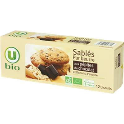 Sablés pur beurre aux pépites de chocolat et flocons d'avoine, U BIO (200 g)