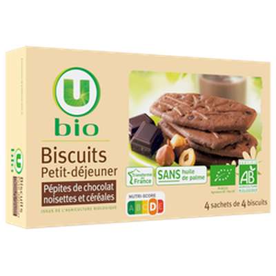 Biscuits petit déjeuner pépites chocolat et noisettes BIO, U  (200 g)