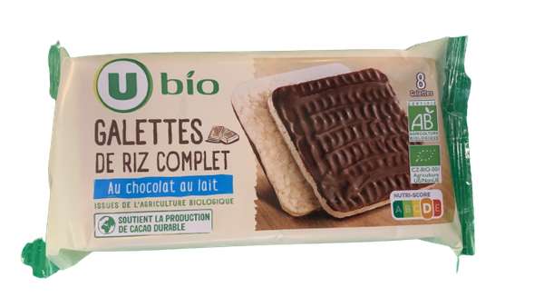 Galettes de riz complet chocolat au lait,  U Bio (x 8, 100 g)