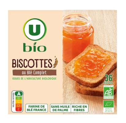 Biscottes au blé complet BIO, U BIO (x 36, 300 g)