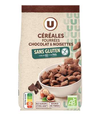 Céréales fourrées chocolat noisettes sans gluten, U (375 g)