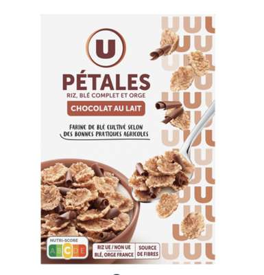 Céréales Pétales de riz et blé complet avec copeaux chocolat au lait, U (550 g)