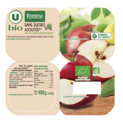 Compote de pomme sans sucré ajouté BIO, U BIO (4 x 100 g)