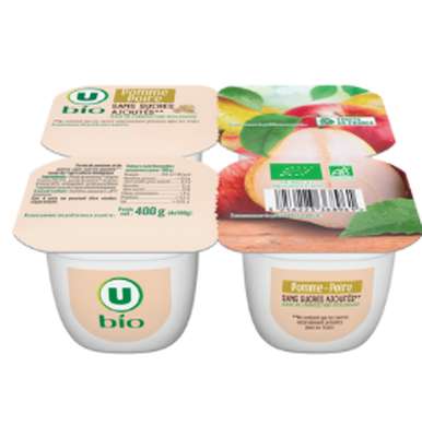 Compote de pomme poire sans sucres ajouté BIO, U BIO (4 x 100 g)