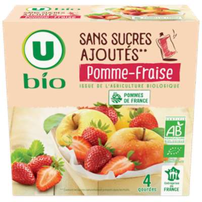 Purée de pomme fraise en gourdes sans sucres ajoutés BIO, U (4 x 90 g)