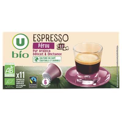 Café capsules espresso Pérou compatible Nespresso BIO, U BIO (x 11)