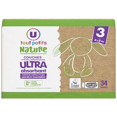 Couches hypoallergéniques T3 - 4/9kg, U Tout Petits Nature (x 34)