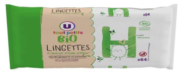 Lingettes bébé à l'huile d'olive BIO, U Tout Petits (x 64)