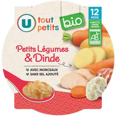 Plat bébé assiette de petits légumes et dinde - dès 12 mois, U Tout Petits BIO (230 g)