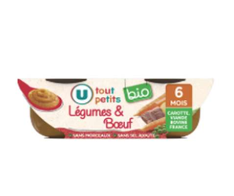 Bols légumes bœuf sans morceaux BIO - dès 6 mois, U Tout Petits (2 x 200 g)