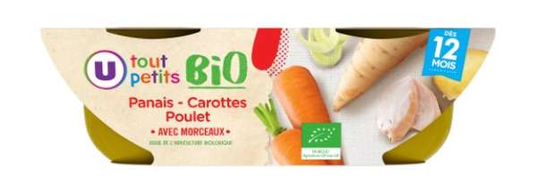 Bols panais carotte et poulet BIO - dès 12 mois, U Tout Petits (2 x 200 g)