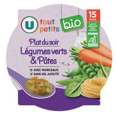 Assiette du soir aux légumes verts et pâtes BIO - dès 15 mois, U Tout Petits (250 g)