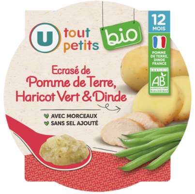 Plat pour bébé assiette d'écrasé de pomme de terre, haricots verts et dinde - 12 mois, U Tout Petits BIO  (230 g)
