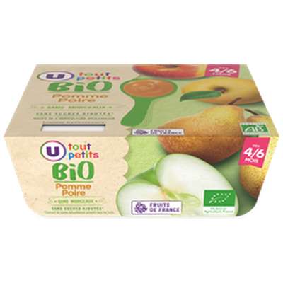 Petits pots dessert pomme, poire - dès 4/6 mois BIO, U Tout Petits (4 x 100 g)
