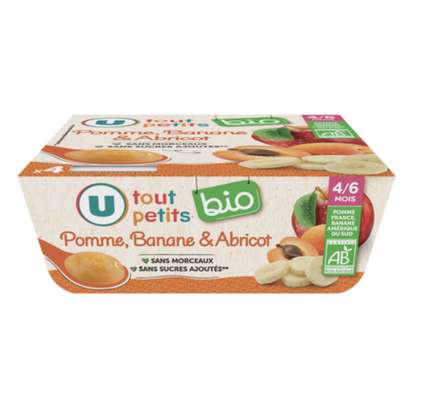 Petits pots dessert pomme, banane et abricot BIO - dès 4/6 mois, U Tout Petits (4 x 100 g)