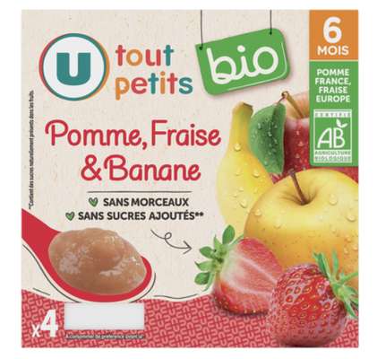 Petits pots dessert pomme, fraise et banane BIO - dès 6 mois, U Tout Petits (4 x 100 g)