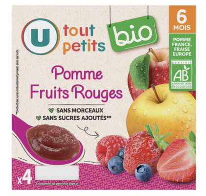Petits pots dessert pomme et fruits rouges BIO - dès 6 mois, U Tout Petits (4 x 100 g)