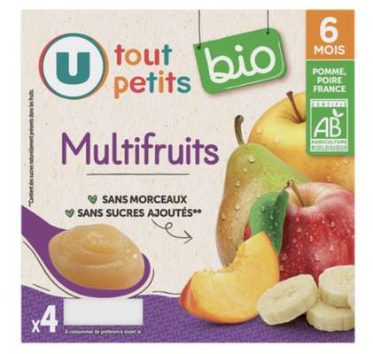Petits pots dessert multifruits BIO - dès 6 mois, U Tout Petits (4 x 100 g)