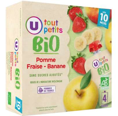 Gourdes pomme/banane/fraise BIO - dès 10 mois, U Tout Petits (4 x 90 g)