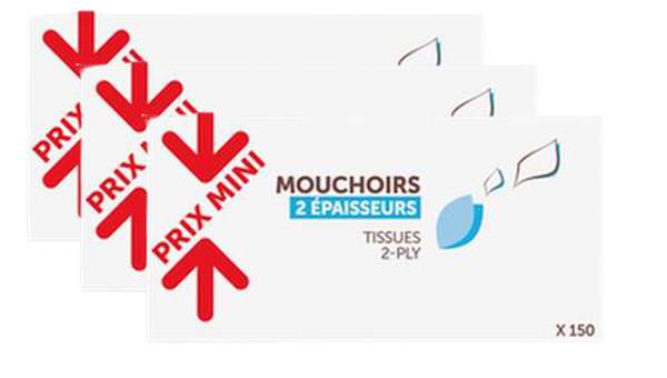 Boite de mouchoirs 2 épaisseurs, Prix Mini (Lot de 3 x 150)