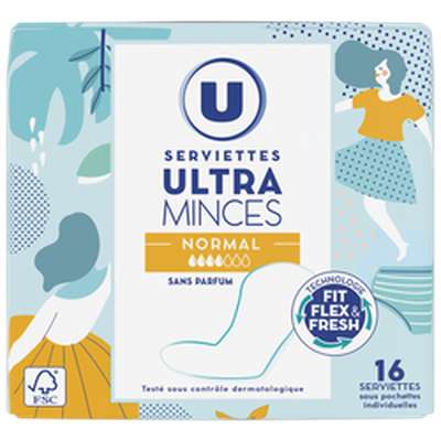 Serviettes hygiéniques ultra minces normal sous pochette individuelle, U (x 16)