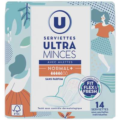 Serviettes ultra mince normal plus avec ailettes, U (x 14)