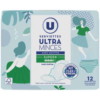 Serviettes ultra mince super plus avec ailettes pliée, U (x 12)