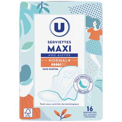 Serviettes hygiéniques maxi normal plus pliées, U (X16)