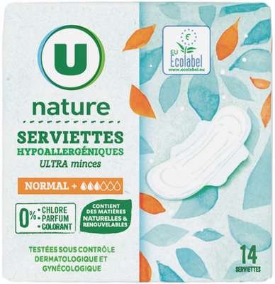 Serviettes hypoallergéniques ultra minces normal, U Nature (x 14)