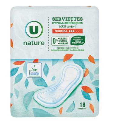 Serviette maxi normal, U Nature (x18)