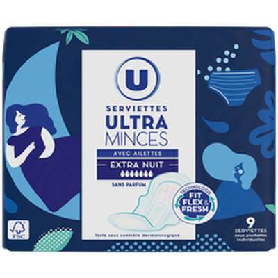 Serviette ultra minces extra nuit ailettes, U (X9)