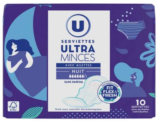 Serviettes ultra mince de nuit avec ailettes sous pochette individuelle, U (x 10)