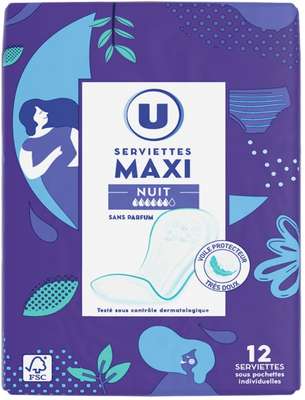 Serviettes maxi de nuit sous pochette individuelle, U (x 12)