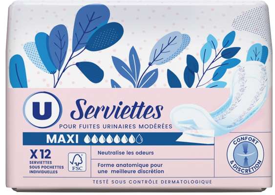 Serviettes incontinence maxi, U (x 12)