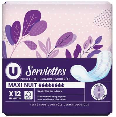 Serviettes incontinence maxi nuit, U (x 12)