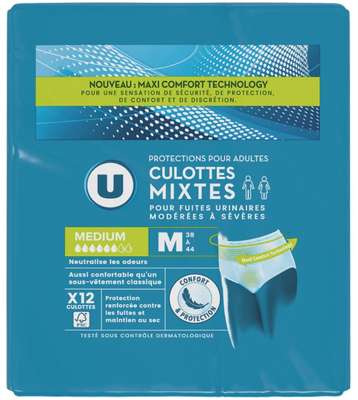 Culottes incontinence pour adulte absorption maximale - taille M, U (x 12)