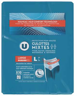 Culottes incontinence pour adulte absorption maximale - taille L, U (x 10)
