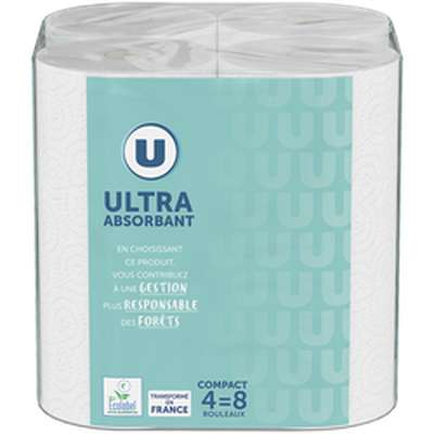 Essuie-tout blanc compact ultra absorbant, U (x 4 = 8 rouleaux)
