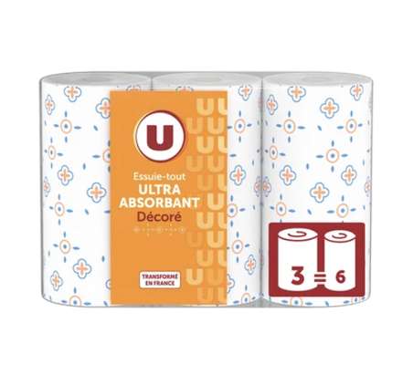 Essuie-tout ultra absorbant décoré compact, U (x 3 = 6 rouleaux)