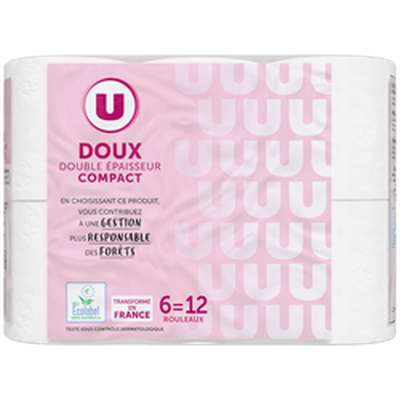 Papier toilette doux blanc double épaisseur compact, U (x 6, équivalent à 12 rouleaux classiques)