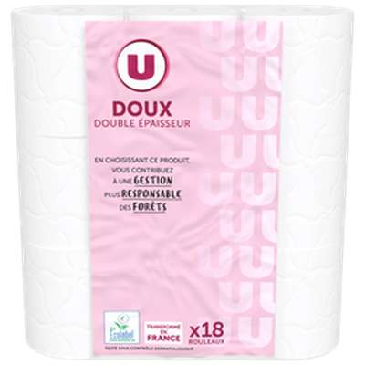 Papier toilette doux blanc double épaisseur, U (x 18 rouleaux)