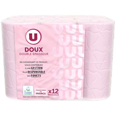 Papier toilette doux rose double épaisseur, U (x 12 rouleaux)