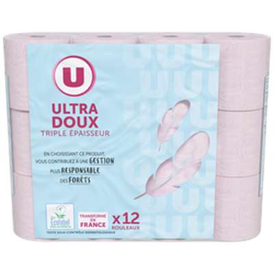 Papier toilette ultra doux rose triple épaisseur, U (x 12 rouleaux)