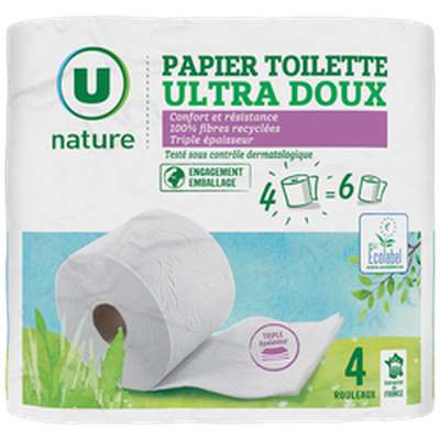 Papier toilette en fibres recyclées ultra doux triple épaisseur, U Nature (x 4, équivalent à 6 rouleaux)