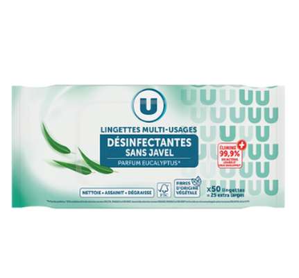 Lingettes désinfectantes sans javel parfum eucalyptus, U (x 25, 185g)